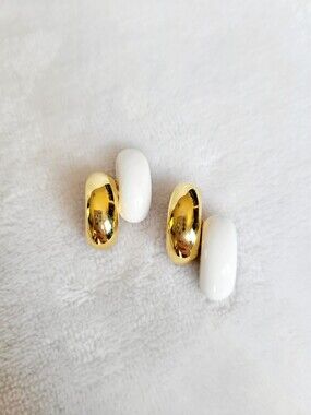 MONET Gold Tone White Enamel Geometric Mod Interlocking Capsule Earrings